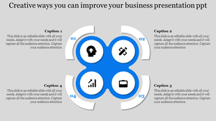 Business PPT slide with circular diagram is divided into four quadrants, each with an icon and text box labeled caption.