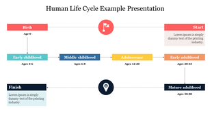 Human life cycle with rectangles showing stages from Birth to Mature adulthood, arrows connecting age stages, and icons.
