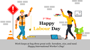 Illustration for Labour Day with two workers surrounded by various icons of warning sign, and plant pot with gray footer.