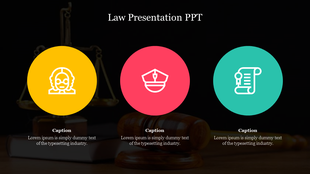 Law PPT slide featuring colorful icons of a judge, a police officer, and legal documents with captions on a black backdrop.