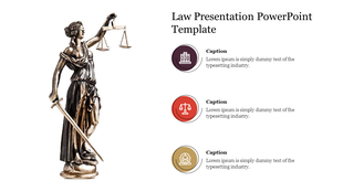 Law presentation slide with Lady Justice statue on the left and three circular law-themed icons with captions on the right.
