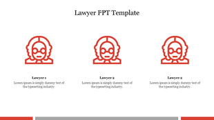 Slide with three red lawyer outline icons, arranged in a row with descriptive text placeholders below.