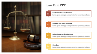 Legal slide with a balance scale and gavel on a wooden desk, alongside four color coded blocks with placeholder text.