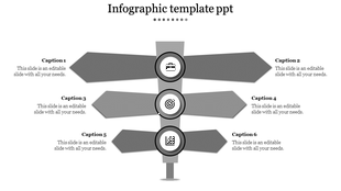 Infographic PPT slide with alternating gray arrows displaying captions and icons for business, target, and growth concepts.