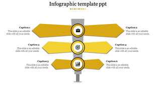 Infographic PPT slide with alternating yellow arrows displaying captions and icons for business, target, and growth concepts.