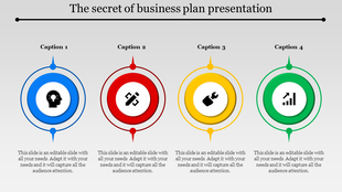 Template with four circular sections, each containing an icon and a Caption related to a business plan element.