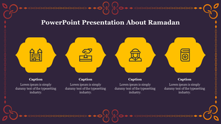 Ramadan themed PowerPoint slide with decorative icons and captions on a purple backdrop.