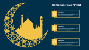 Blue background slide with a golden crescent featuring intricate patterns and mosque silhouette, alongside captions in boxes.