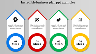 Four colorful house shaped arrows pointing upward, each representing a business step in blue, red, green, and yellow.