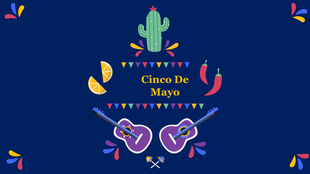 Cinco de mayo themed slide with colorful illustrations of guitars, chili peppers, lemon slices, a cactus and festive banners.