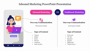 Slide featuring a woman on a mobile screen, highlighting inbound and traditional marketing using pink and purple accents.