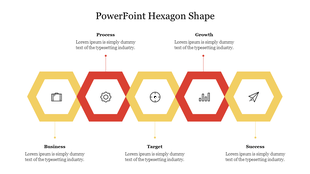 Horizontal arrangement of four hexagon shapes with icons, depicting the flow from business to success with caption areas.