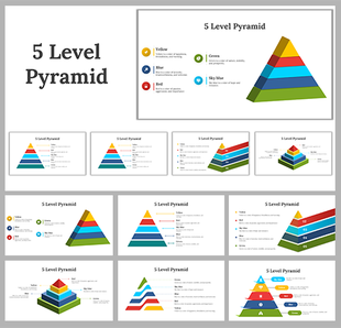 Series of slides featuring a multicolored 5 level pyramid, visually depicting hierarchical information in bold colors.