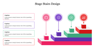 Stage stairs showing a progression from left to right, with icons for briefcase, gear, target, and bar chart and captions.