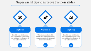 Business slide three blue cards aligned horizontally with icons for process tools, wrench, and growth chart.