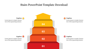 Slide displaying a four-step staircase diagram, colored red to yellow, with numbers and captions beside each step.