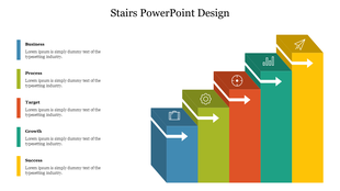 Colorful stair step diagram slide representing stages from Business to Success with corresponding icons and placeholder text.