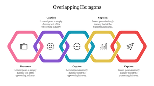 Overlapping hexagons slide showcasing color coded icons with text areas.