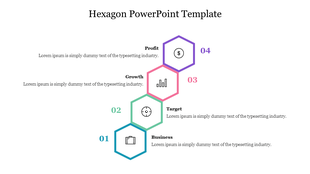 Vertical hexagon infographic with four steps labeled Business, Target, Growth, and Profit, each with icons and numbers.