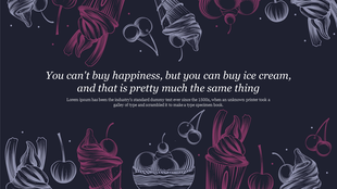 Dark themed background with white and pink hand drawn ice cream cones, sundaes, and cherries, featuring text at the center.