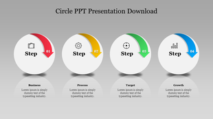 Four step circular infographic with arrows in red, yellow, green, and blue, each linked to a white circle with icons.