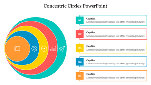 Slide featuring a colorful concentric circle with icons and captions, illustrating a concept visually.