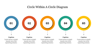 Circular diagram template showcasing five steps with colorful concentric circles and captions beneath.