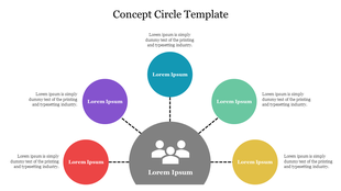Concept Circle slide featuring a central grey circle with icons, connected to five colorful circles with placeholder text.