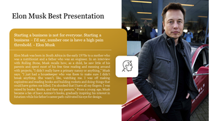 Title slide on Elon Musk with his photo and a quote on entrepreneurship, resilience and description.