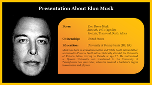 Monochrome portrait of Elon Musk and a curved orange gradient text box on the right framed by a yellow border.