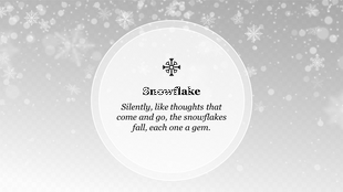 Minimalistic design with a central snowflake icon, surrounded by a gray gradient background with floating snowflakes.