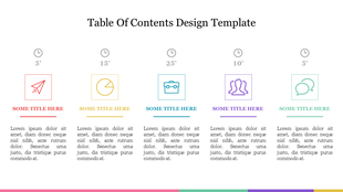 Table of contents design template with five sections each section has a numbered icon, a title, and placeholder text.