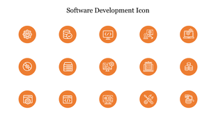 A grid of orange circular icons representing various aspects of software development, including coding, data, and settings.