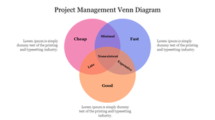 Venn diagram with three overlapping circles in pink, purple, and orange, each with project management labels and captions.