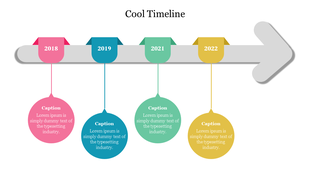 Timeline with four colored cool circular milestones from 2018 to 2022, each with a placeholder text below.