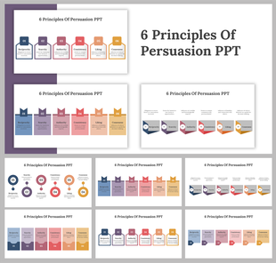 Slide deck showcasing the six principles of persuasion, each represented with colorful banners in a white background.