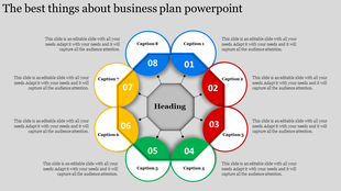 Business plan layout surrounded by eight color-coded circular segments connected to the central heading.