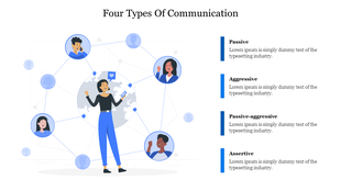 Illustration of a woman linked to various profile icons connected by lines with blue text labels on the right.