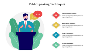 Illustration of a man at a podium speaking with speech bubbles and four numbered text in colorful diamond shapes.