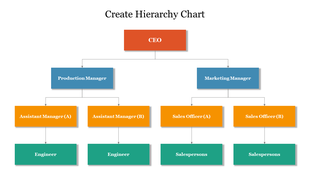 Visual hierarchy structure showcasing the leadership and employee roles, starting from the CEO down to salespersons.