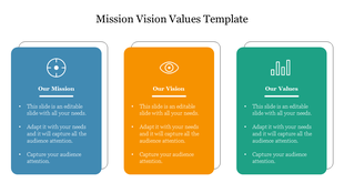 Mission, vision, and values slide with icons and colorful text boxes with text area.