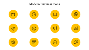 A collection of modern business icons displayed in yellow circles, featuring many symbols.