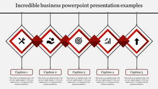 Business PowerPoint slide featuring five icons in diamond shapes, representing tools, people, targets, growth, and progress.