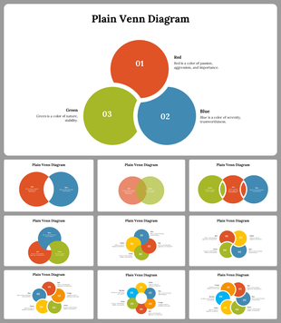 Plain venn diagram slide set featuring a central three-circle diagram and several colored additional layouts.