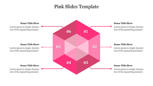 A pink hexagon divided into six numbered segments, each associated with a placeholder text area containing a title. 