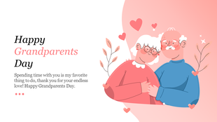 Slide featuring an illustration of smiling grandparents embracing, surrounded by hearts, with a greeting message on the left.