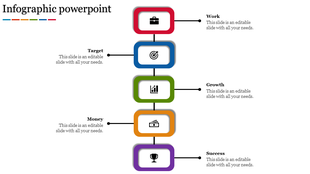 Five step process flow using red, blue, green, orange, and purple rectangles with icons and text on white background.