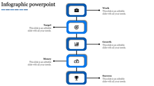 Infographic PPT slide with blue bordered rectangles showing steps from work to success, highlighted with icons and text.