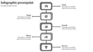 Infographic with five gray rounded rectangles featuring black icons and text connected by lines in a vertical layout.