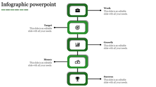 Vertical infographic with five green rectangular boxes containing icons for work, target, growth, money, and success.